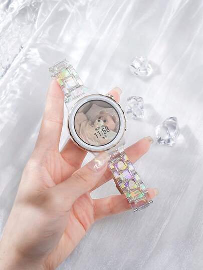 1条20毫米/22毫米炫彩透明PC表带，兼容三星Galaxy Watch 7/6/5/4/3/Active 2；奢华极光水晶链式手链，女士款；Y2K美学彩色透明树脂风格替换表带，兼容华为Watch GT 5/4/3/2。