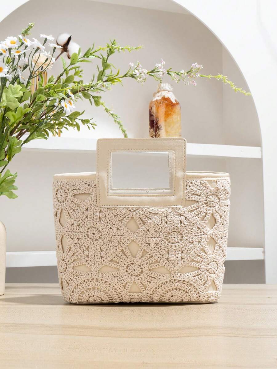 新款欧美风编织包，度假草编包，旅行包，时尚便携收纳包，沙滩包，草编手提包，迷你草编手提包，夏季必备，完美搭配，适合女性、女孩、学生，旅行、度假、海滩、假日，礼品之选 - 米色 - 查看 1