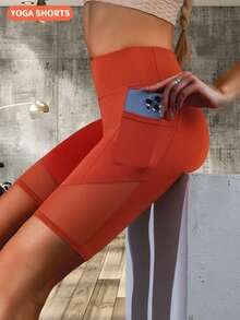 1 Stück Damen Sport Yoga Shorts mit Taschen, geeignet für Outdoor Laufen, Fitness, Yoga - Orange - Übersicht 4