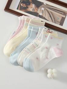 5 paires de chaussettes courtes pour femmes avec nœud et motifs d'expressions mignons, respirantes et antidérapantes, convenant pour le printemps et l'été - Multicolore - Voir 6
