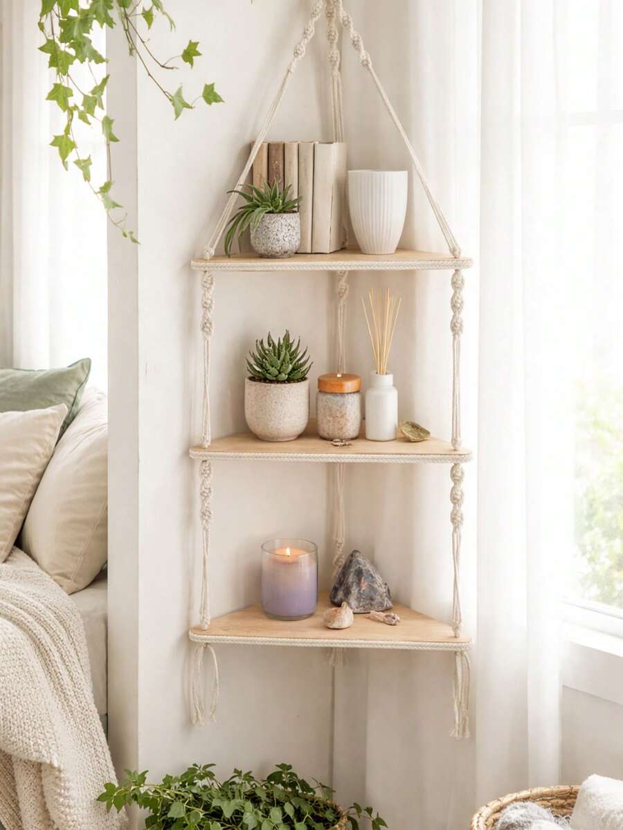 1件波西米亚风手工编织白色绳索和米色挂式转角置物架，装饰收纳架，适用于卧室、浴室、办公室、客厅、家居装饰、房间装饰、墙面装饰，生日/毕业礼物
