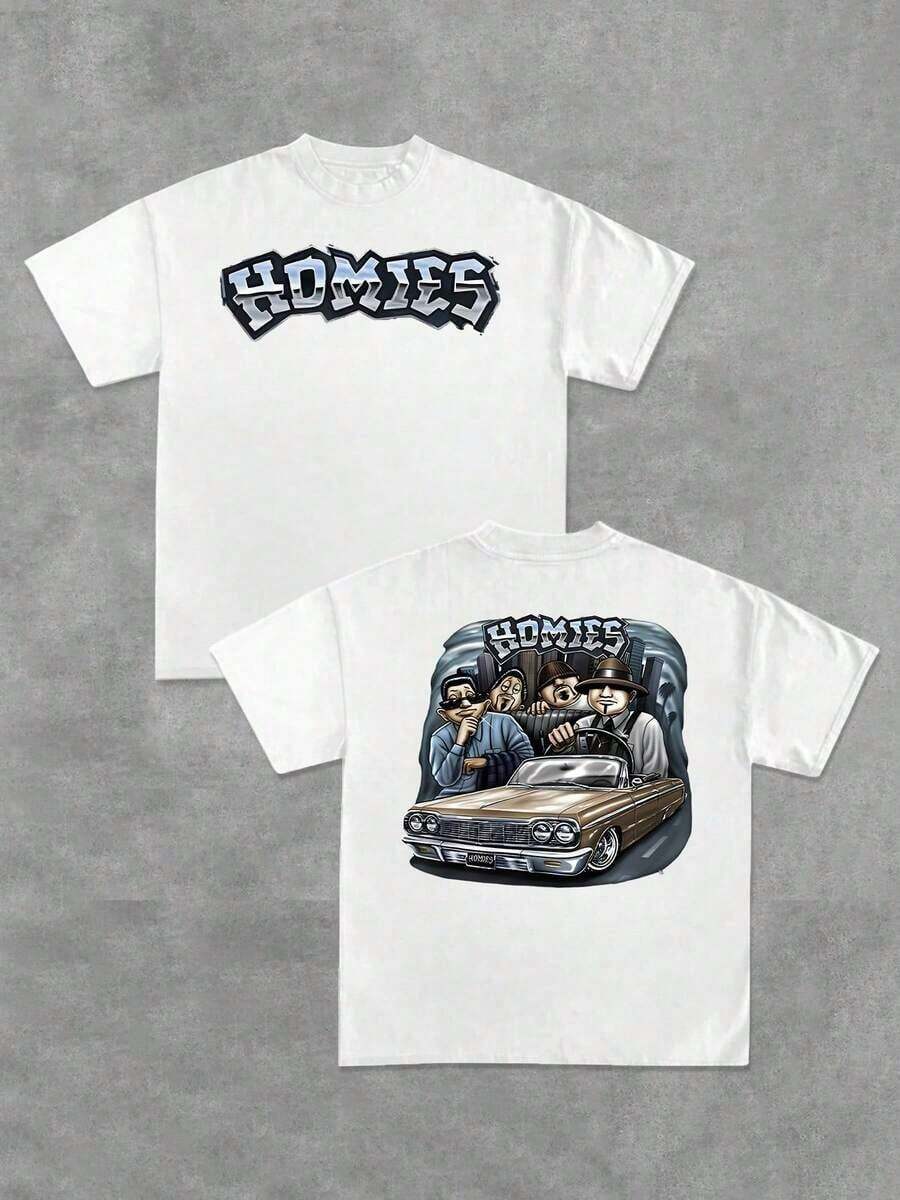 Heavyweight Graphic Tee, Classic Car And Homies Double Sided Digital Printed T Shirt, 100% Cotton, Stylish Casual, Men's 220g, Streetwear, Vintage, Y2K, Oversized, Lowrider, Chicano Free Shipping - White - View 1