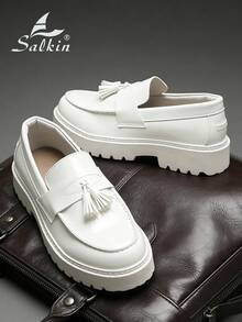 Salkin New Fashion Designer Men's Slip-On Loafers With Tassels, Elegant Gentleman Social Shoes, Glossy Patent Leather, Soft & Comfortable, Pearl White Color, Casual Daily Wear, Back To School Student Style, Thick Sole Height Increasing, Business Formal Dress Shoes, Suitable For Office, Party, Wedding, Holiday Gift, Spring/Summer/Autumn, Size Runs Small, Please Order One Size Up - White - View 7