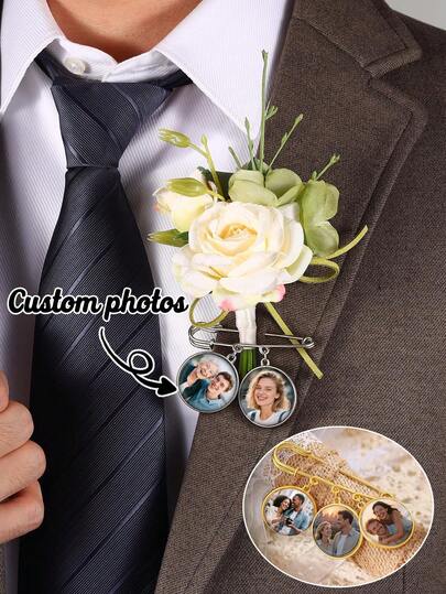 Boutonnière personalizada con foto, flor de solapa a juego con foto personalizada para novio, pareja, padrinos, accesorio conmemorativo de foto para ceremonia de boda, decoración, boutonnière de rosa blanca con foto personalizada para boda, aniversario, Día de San Valentín, eventos conmemorativos, accesorio de boda personalizado, boutonnière de rosa blanca y verdor con marco de foto, recuerdo de foto para la fiesta de boda