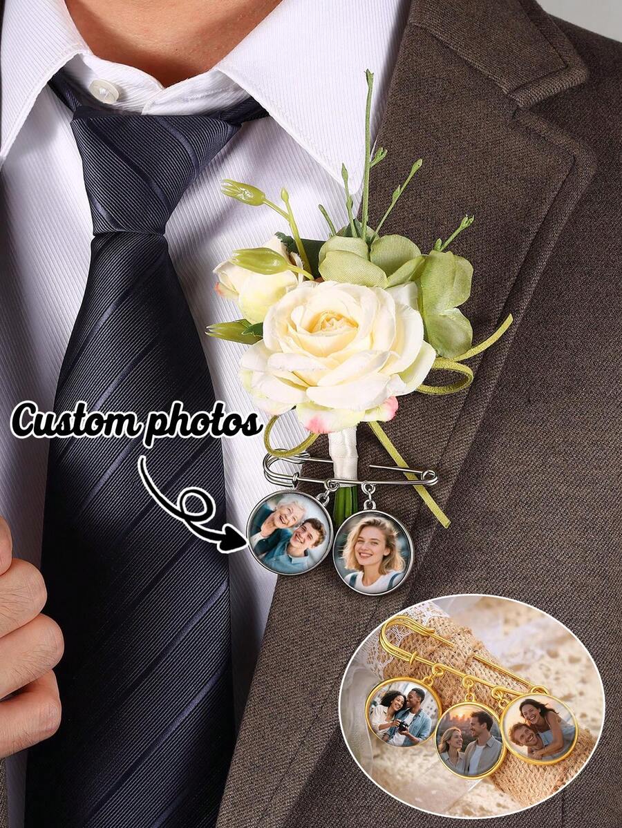 Hoa cài áo chú rể in ảnh theo yêu cầu, hoa cài áo đôi kèm ảnh tùy chỉnh, phụ kiện ảnh kỷ niệm cho chú rể/phù rể, trang trí lễ cưới, bó hoa cài áo khung ảnh tùy chỉnh, hoa hồng trắng cài áo kèm ảnh tùy chỉnh cho đám cưới, kỷ niệm, ngày Valentine, sự kiện tưởng niệm, phụ kiện cưới cá nhân hóa, hoa hồng trắng và lá xanh cài áo kèm khung ảnh, kỷ niệm ảnh tiệc cưới. - Nhiều màu - Xem 1