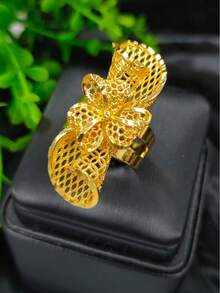 1pc Fashionable Women's Gold Hollow Carved Ring Jewelry, Suitable For European, Middle Eastern, Dubai, Bride Wedding Party Dress Accessories, Date, Valentine's Day, Mother's Day, Holiday Gift, Copper Ring - Yellow Gold - View 2