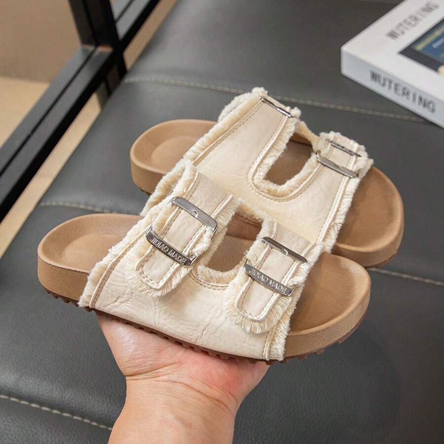 1 Pair Unisex Kids (Ages 3-12) Beige Tasseled Hook And Loop Strap Sandals, Glossy PU Leather Non-Slip Breathable, Dual Wide Hook And Loop Strap Open Toe Flat, Gentle Retro Casual Style Slippers, Suitable For Daily, School, Beach, Party, Best Seller - Beige - View 1