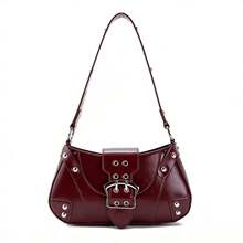 Motorcycle-Style Shoulder Bag With Studs, A Retro Bag For Stylish Girls With A Super Modern Metal Buckle. - Burgundy - View 1