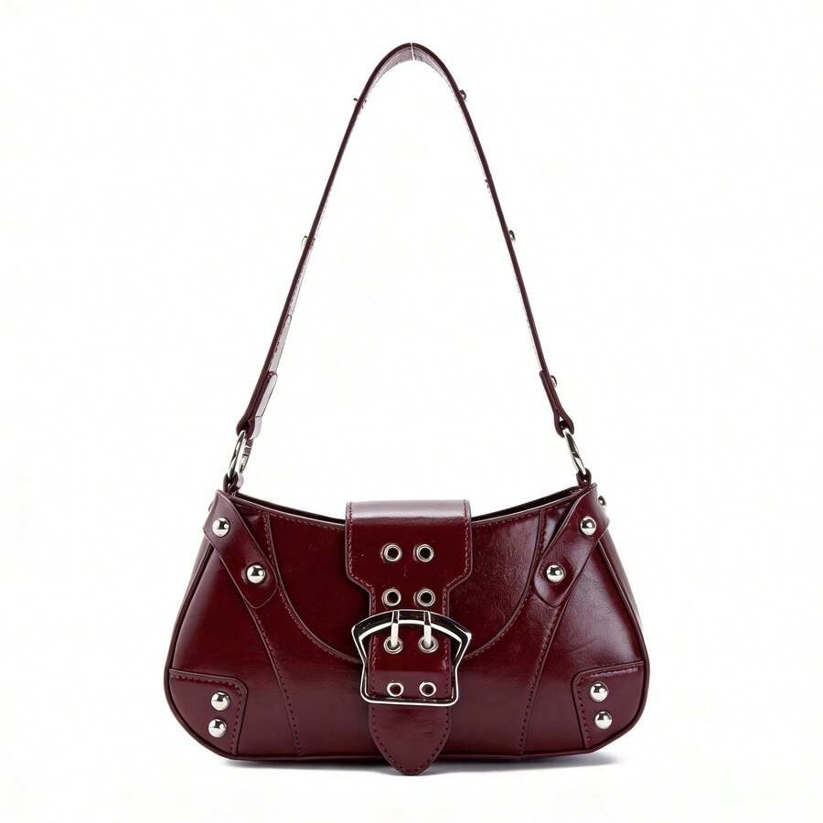 Motorcycle-Style Shoulder Bag With Studs, A Retro Bag For Stylish Girls With A Super Modern Metal Buckle. - Burgundy - View 1