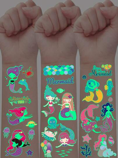 5pcs Glow-In-The-Dark Tattoo Stickers, 68 Cute Cartoon Mermaid Series Patterns, Night Light Temporary Tattoos, Birthday Party Fun Artistic Dress-Up Fake Tattoo Stickers, Waterproof Lasts 2-5 Days