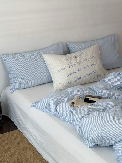 3pcs 100% Cotton Japanese Minimalist Fine Striped Cotton Bedding Set, 2 Pillowcases + 1 Duvet Cover