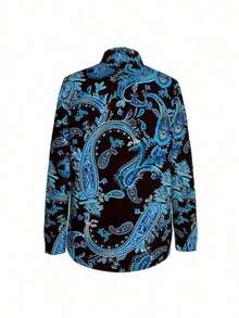 Plus Size Vintage Floral Pattern Elegant Blouse, Fashionable Elegant, Casual Versatile, Suitable For All Seasons Vacation Spring - Blue - View 3