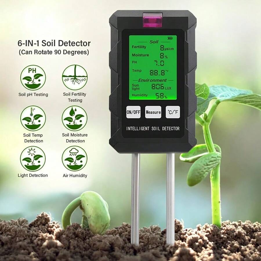 6-In-1 Professional Soil Tester, Equipped With Digital Display Screen, Can Measure Parameters Such As Temperature, Light Intensity, PH Value, Humidity, Etc., With Adjustable Probe Height And Battery Power Supply, Suitable For Gardens, Lawns, Farms And Indoor/Outdoor Plants (Without Batteries). - Green - View 1