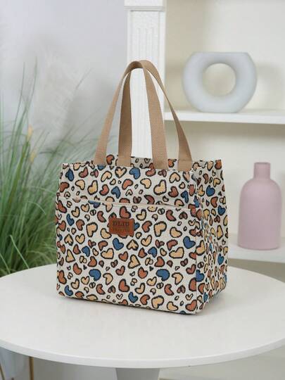 DLIU 1个新款大容量加厚布可爱爱心图案手提袋，可作午餐包、便当盒、便携式收纳包，适合工作、学校、野餐、日常使用，保温午餐盒，野餐包，保冷袋，学校假期必备夏季用品