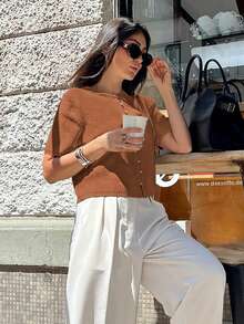 Round Neck Solid Color Pearl Button Short Sleeve Casual Versatile Knit Cardigan, Loose Fit, Suitable For Everyday Wear - Reddish Brown - View 4
