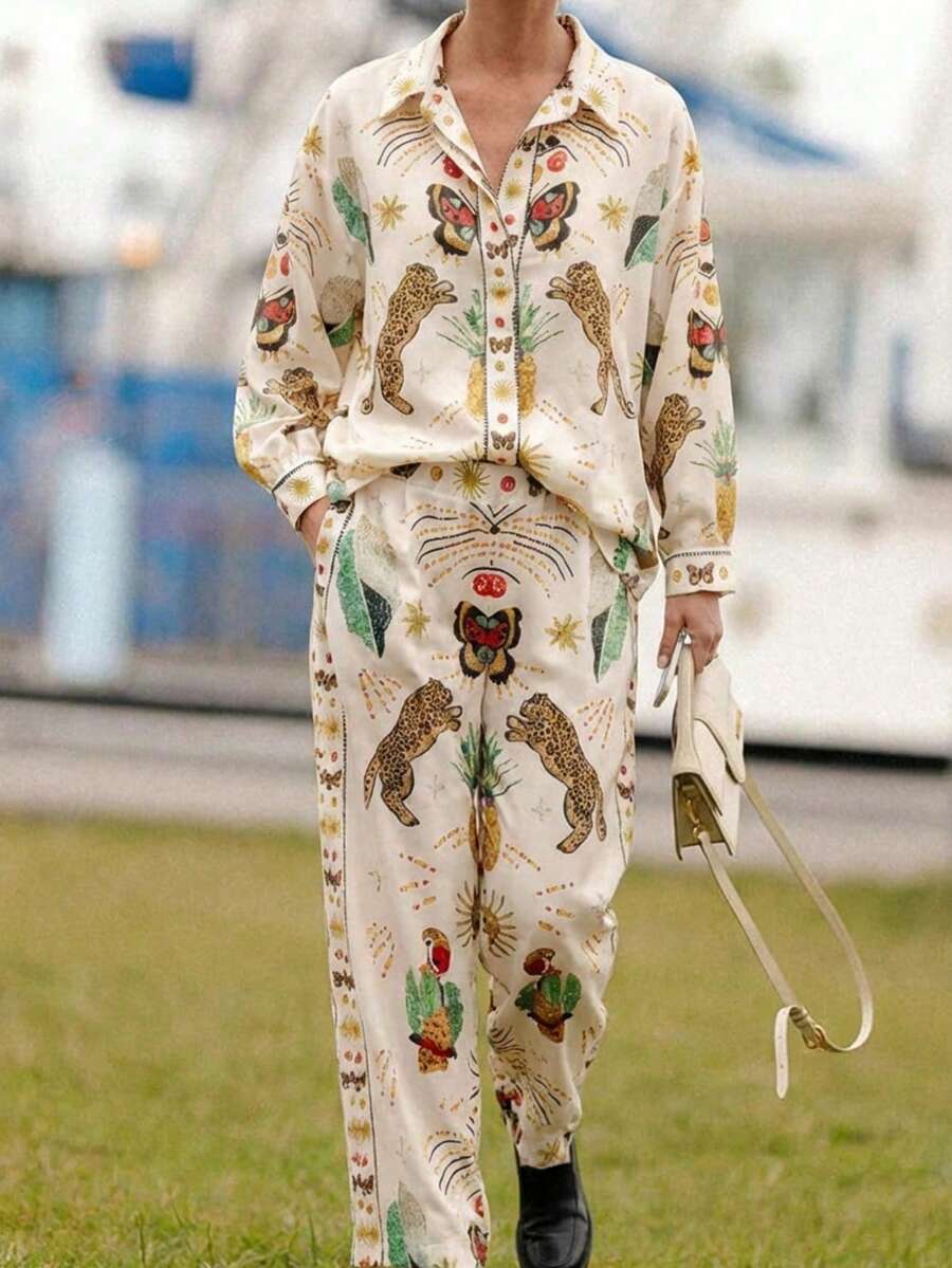 Women's Spring And Summer Thin Two Pieces Casual Leopard Print Long Sleeve Shirt And Pants Two Pieces Suit