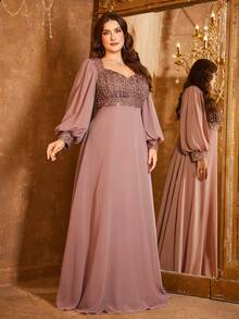 UNITHORSE 甜心领灯笼袖亮片拼接优雅长款晚礼服 - 藕粉色 - 查看 5