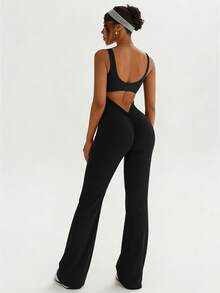 女士露背提拉高弹力无袖带垫喇叭连体裤 - 黑色 - 查看 7