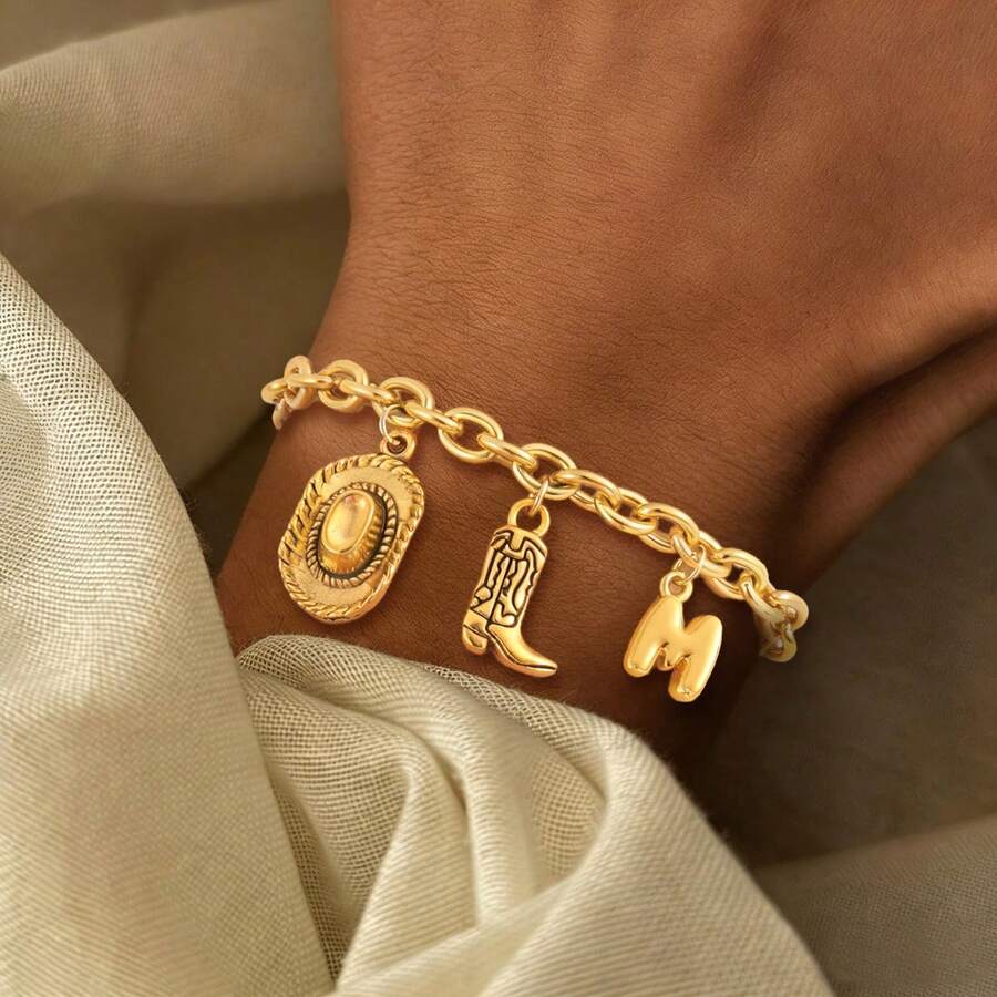 1 pieza Nuevo brazalete de acero inoxidable dorado con colgante de sombrero de vaquero y bota de estilo clásico y de burbuja para mujer - Amarillo Oro - Ver 1