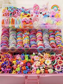 718件套休闲简约女孩发夹、发圈和发饰套装，礼盒装公主发圈，日常使用 - 彩色 - 查看 5