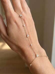 1件优雅奢华铜质锆石四叶草链环手链，适合女士日常、晚宴、派对佩戴，亦可作为礼物。 - 金色 - 查看 1