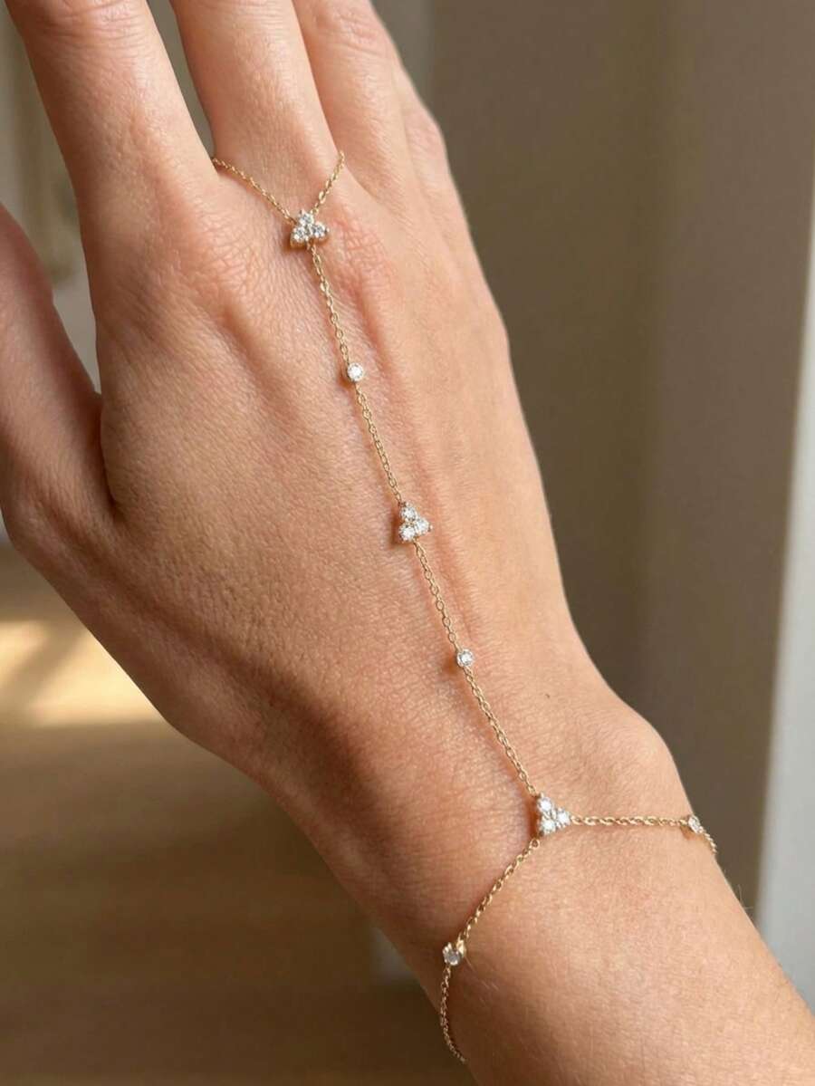 1件优雅奢华铜质锆石四叶草链环手链，适合女士日常、晚宴、派对佩戴，亦可作为礼物。 - 金色 - 查看 1