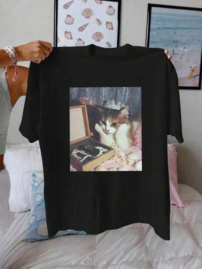 大码女式夏季毛式印花休闲简约宽松日常舒适时尚圆领短袖大码T恤上衣