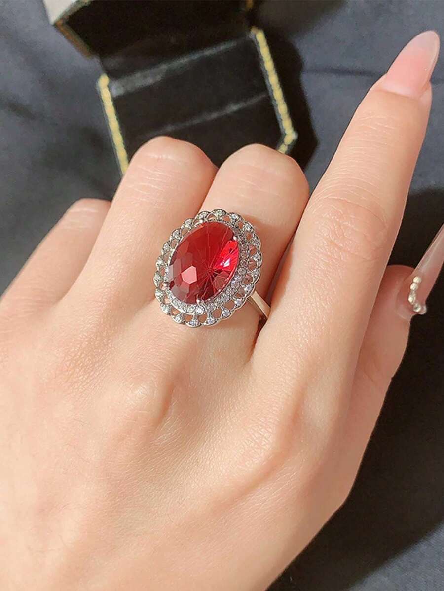 时尚镂空花边四爪椭圆形红色烟花戒指,独特设计,女士珠宝礼物 - 白色 - 查看 1