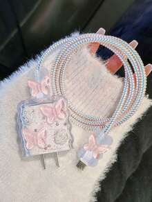 5pcs/Set Resin Pink Wavy Butterfly Cable Protector Sleeves, Suitable Compatible With Apple Data Cables, 20W Fast Charger Adapter Covers - Multicolor - View 4