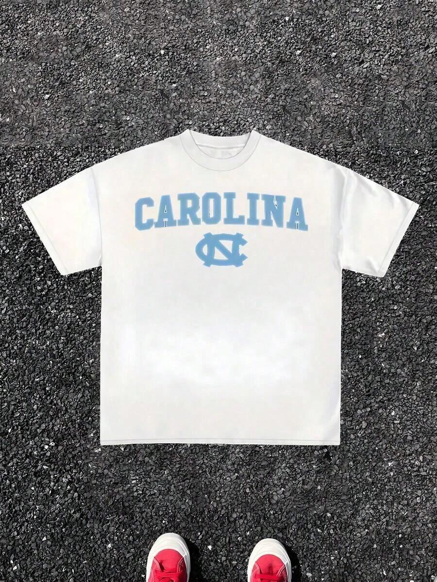 Carolina Letter Graphic Men's Summer T-Shirts, 220g, Sports T-Shirt, 1 Piece, Streetwear, 100% Cotton, Casual T-Shirt, Vintage College Style, Digitally Printed T-Shirt, Cotton T-Shirt. - White - View 1