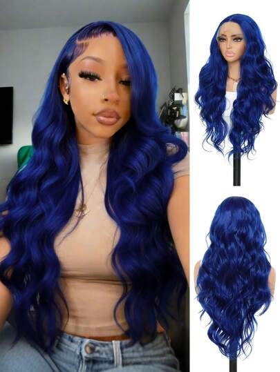 Blue Body Wave 13*4 Lace Front Wigs Pre Plucked Wavy HD Transparent Lace Frontal Synthetic Wigs Free Parting Natural Hairline Heat Resistant Fiber Everyday Wear Work School 24 Inch