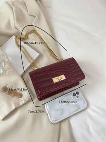 1pc Faux Leather Crocodile Embossed Pattern Mini Chain Shoulder Bag, Fashion - Burgundy - View 3