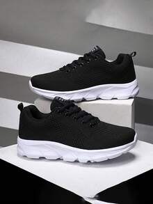 Women's Comfortable Lightweight Mesh Sneakers, Breathable Lace-Up Running Shoes, Casual Fashion Shoes, White, Flat, Casual, Sports, Stylish Thick-Soled Mesh Woven Casual Shoes - Black - View 4