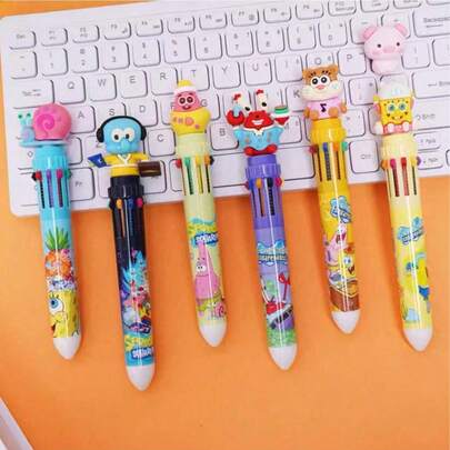 SpongeBob SquarePants 6pcs Cartoon Ten-Color Ballpoint Pens With Cute Designs Of Cartoon Stars /Patrick/Squidward/Plankton/Sandy/Snail, Colored Pens, Multi-Color Journal Pens, Student Award Pens, Creative Stationery, Nurse Badge Reel, Nurse Accessories, Suitable For Gifts/Men Gifts/Christmas Stocking Stuffers/Christmas Gifts