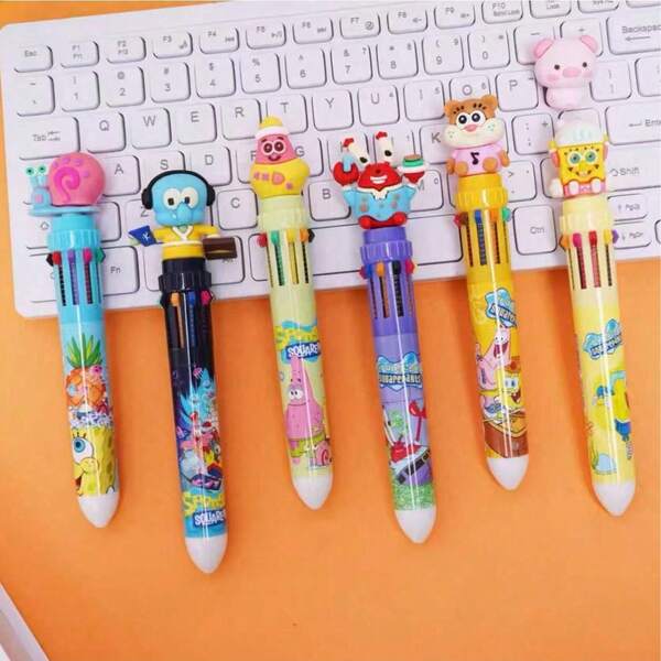 SpongeBob SquarePants 6pcs Cartoon Ten-Color Ballpoint Pens With Cute Designs Of Cartoon Stars /Patrick/Squidward/Plankton/Sandy/Snail, Colored Pens, Multi-Color Journal Pens, Student Award Pens, Creative Stationery, Nurse Badge Reel, Nurse Accessories, Suitable For Gifts/Men Gifts/Christmas Stocking Stuffers/Christmas Gifts