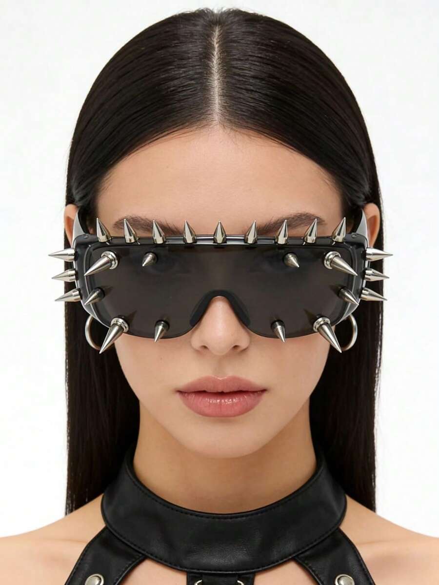 1pc Punk Style Rivet Fashion Glasses, Exaggerated Dark Aesthetic Design Unisex Party Glasses, Suitable For Personalized Parties, Music Festivals, Fashion Street Shooting, And Styling Displays - Black - View 1