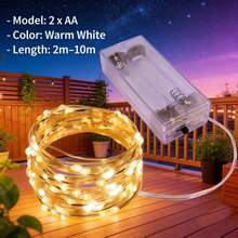 1 Dây đèn LED chạy bằng pin, sử dụng 2 pin AA, dây đồng dài 2m-10m, ánh sáng trắng ấm, thích hợp cho Halloween, đám cưới, sinh nhật, phòng ngủ, Giáng sinh, sân vườn, trang trí trong nhà và ngoài trời. - trắng - Xem 2