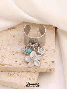 1件装时尚海洋设计不锈钢珍珠贝壳海星花朵吊坠戒指，宽开口戒指，女士珠宝礼物，适合女性日常派对佩戴。 - 戒指 - 查看 2