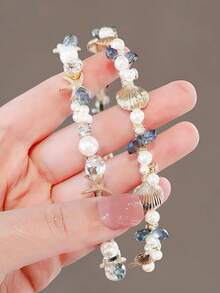 1 pièce Serre-tête pour filles, design attrayant en métal fin avec perles, saphirs, coquillages et étoiles de mer de haute qualité. Convient pour le port quotidien, les vacances à la plage et d'autres occasions - Multicolore - Voir 2