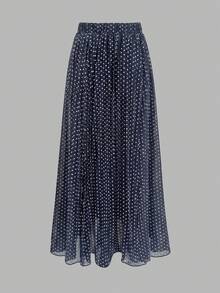 Women's Elegant Elastic Waist Navy Blue & White Polka Dot Pleated A-Line Skirt, Minimalist & Fashionable For Daily Commute Spring Vacation - Navy Blue - View 3