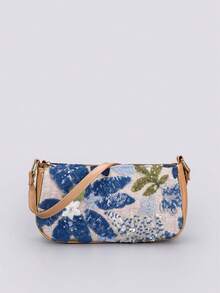 Sequin Embroidery Floral Baguette Bag Ladies Fashion All-Match Beaded Stitching Underarm Bag With Contrasting Color Embroidery Zipper Shoulder Bag (Pattern Random) - Nhiều màu - Xem 2