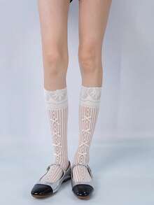 1双女士蝴蝶结镂空蕾丝腿套，Y2Y洛丽塔甜美丝带袜，适合派对和日常穿着 - 白色 - 查看 4