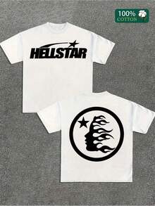 Flame Head Star Logo Minimalist Y2K Graphic T-Shirt,100% Cotton,Round Neck Short Sleeve,White Streetwear Essential For Summer Going Out,Unisex Style - 白色 - 查看 1