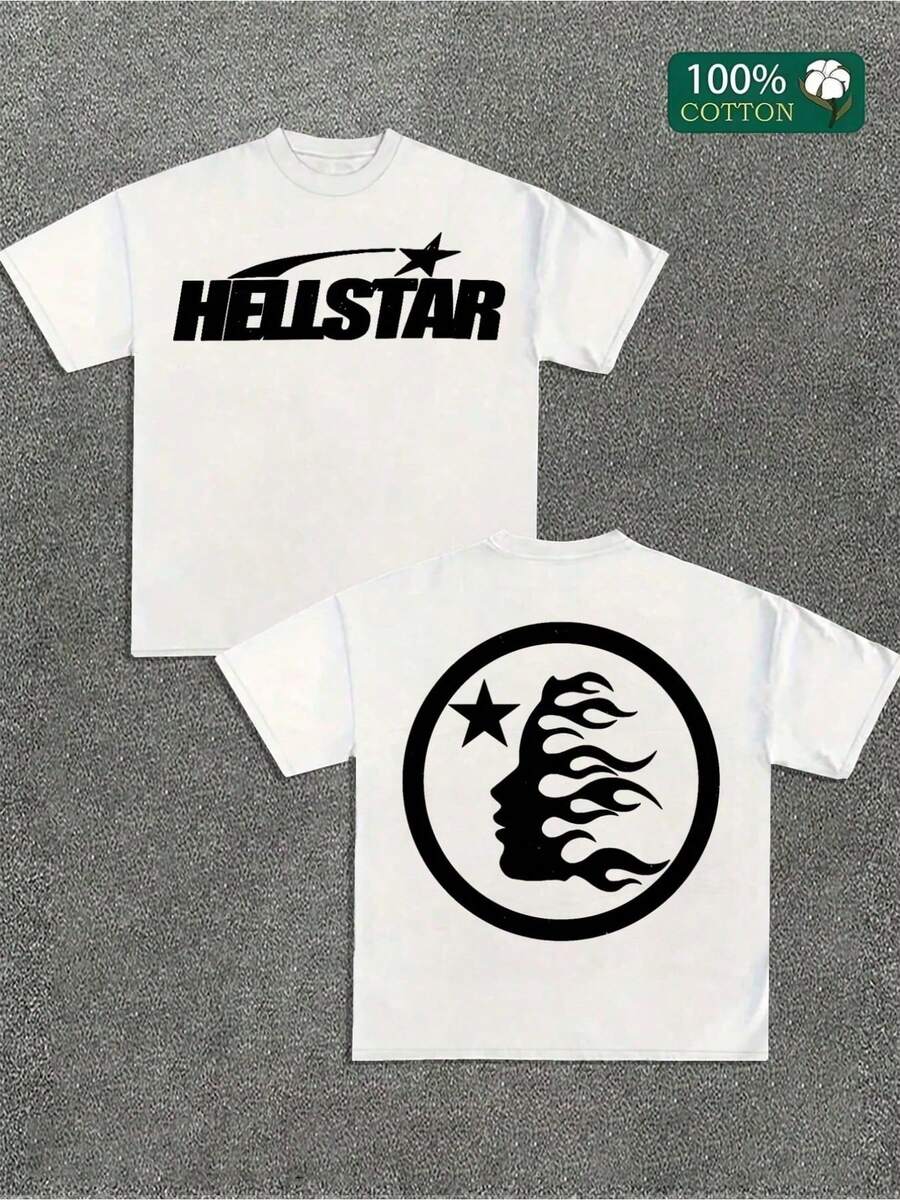Flame Head Star Logo Minimalist Y2K Graphic T-Shirt,100% Cotton,Round Neck Short Sleeve,White Streetwear Essential For Summer Going Out,Unisex Style - 白色 - 查看 1