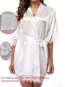 1件女士纯色优雅系带睡袍，性感短款缎面丝绸柔软睡衣，适合新娘、伴娘、居家穿着，婚礼季短款睡袍，字母印花，浴袍和睡衣 - 白色 - 查看 13