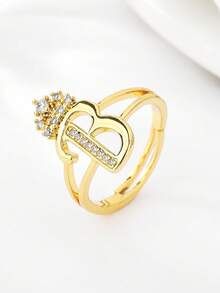 1 pieza Anillo con diseño de corona y letra con micro-incrustación de circonita, elegante y de moda, adecuado para uso diario, ir al trabajo y citas - Anillo de corona - Ver 7
