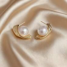 1 par de pendientes de perla envueltos, diseño minimalista único y de moda, accesorios elegantes y versátiles para mujeres - Dorado - Ver 6
