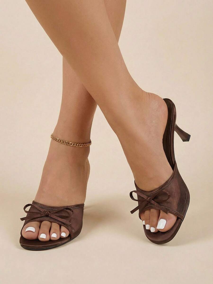 SHEIN Women's Breathable Mesh Open Toe High Heel Sandals, Bowknot Decor, Versatile Minimalist Style Summer New Arrival