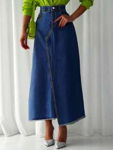 Asymmetric Hem Loose Pockets Patchwork Frayed Hem Casual Denim Skirt Spring - Dark Wash - View 3