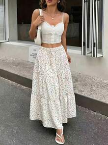 EARO Women's Ditsy Floral Long Dress, Multi-Layer Design Fabric, Non-Stretch Elastic Waist, Fashion Elegant Versatile Loose Fit Slimming - Apricot - View 1